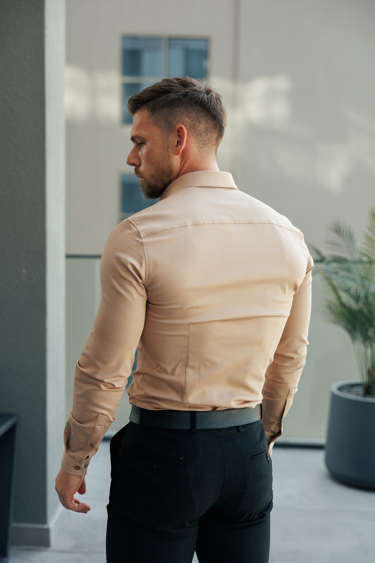 Cămașă Denim Stretch Bej Deschis cu Mâneci Lungi și Guler Cu Butoni