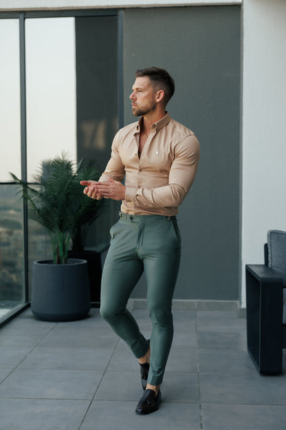Cămașă Denim Stretch Bej Deschis cu Mâneci Lungi și Guler Cu Butoni
